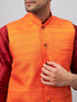 Vastramay Men's Orange Matka Silk Nehru Jacket With Maroon Silk Blend Kurta Pyjama Set